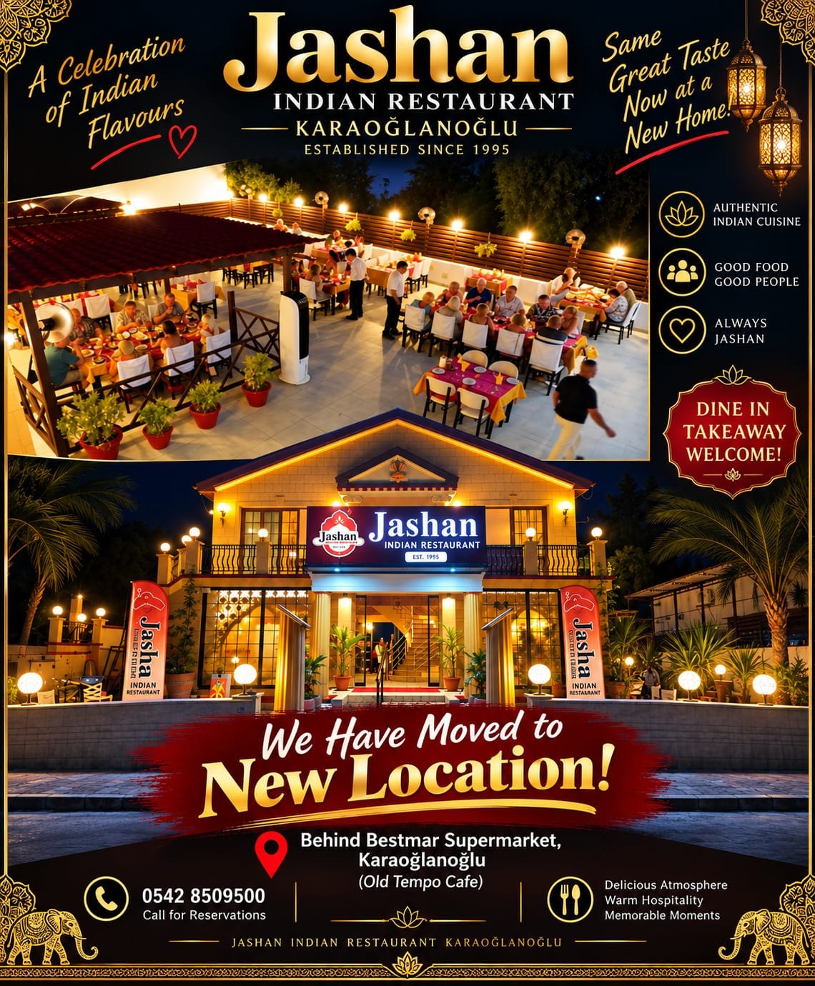 Jashan Indian Restaurant has moved to a new location behind Bestmar Supermarket (old Tempo Cafe), Karaoğlanoğlu — established since 1995